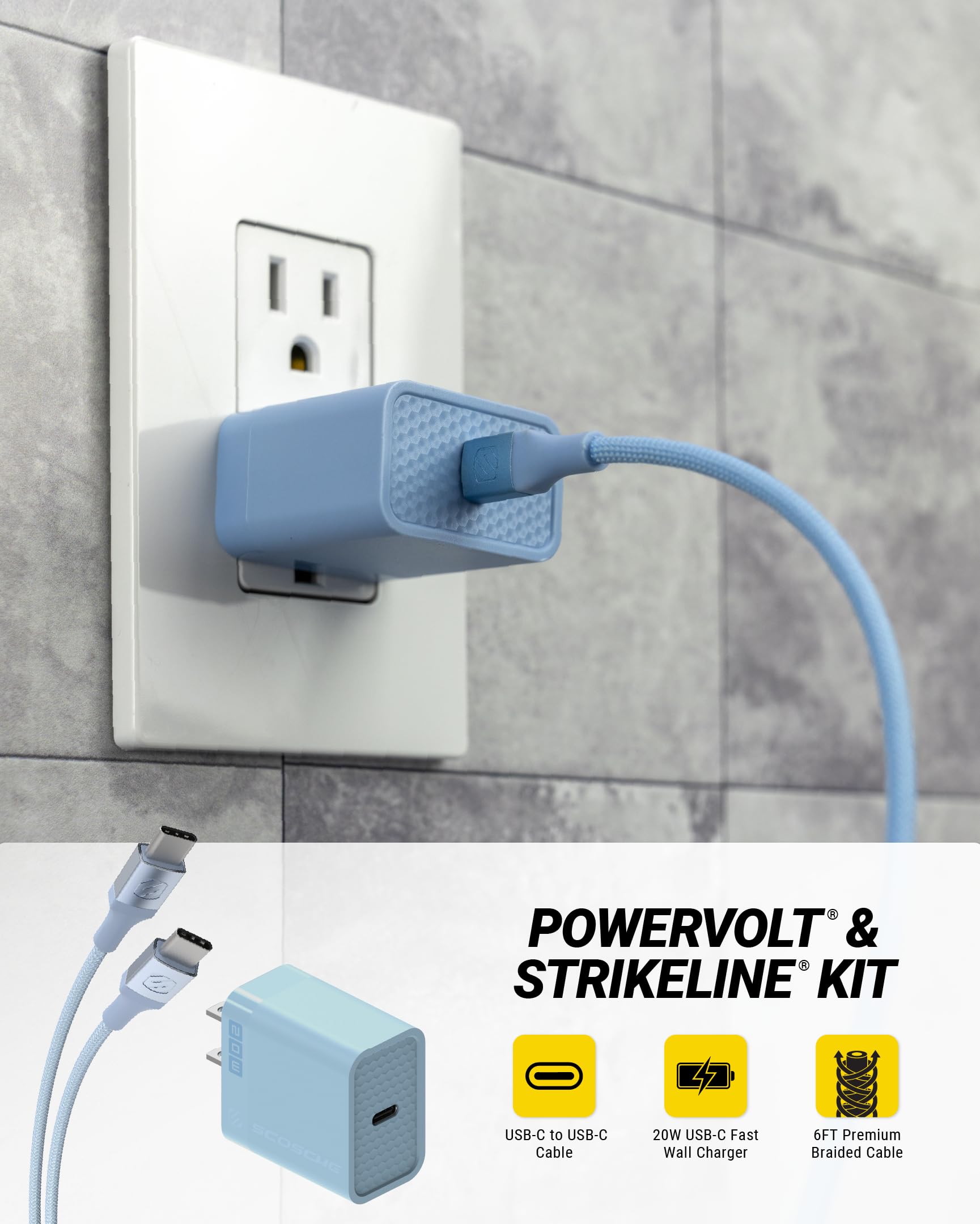 Scosche 20W USB C Charger Block and Braided 6ft USB-CCharging Cable, Fast Charging Type C Wall Charger Compatible with Apple iPhone Air, iPhone 17/16/15, Samsung Galaxy, Pixel, iPad, AirPods, Blue - Image 3