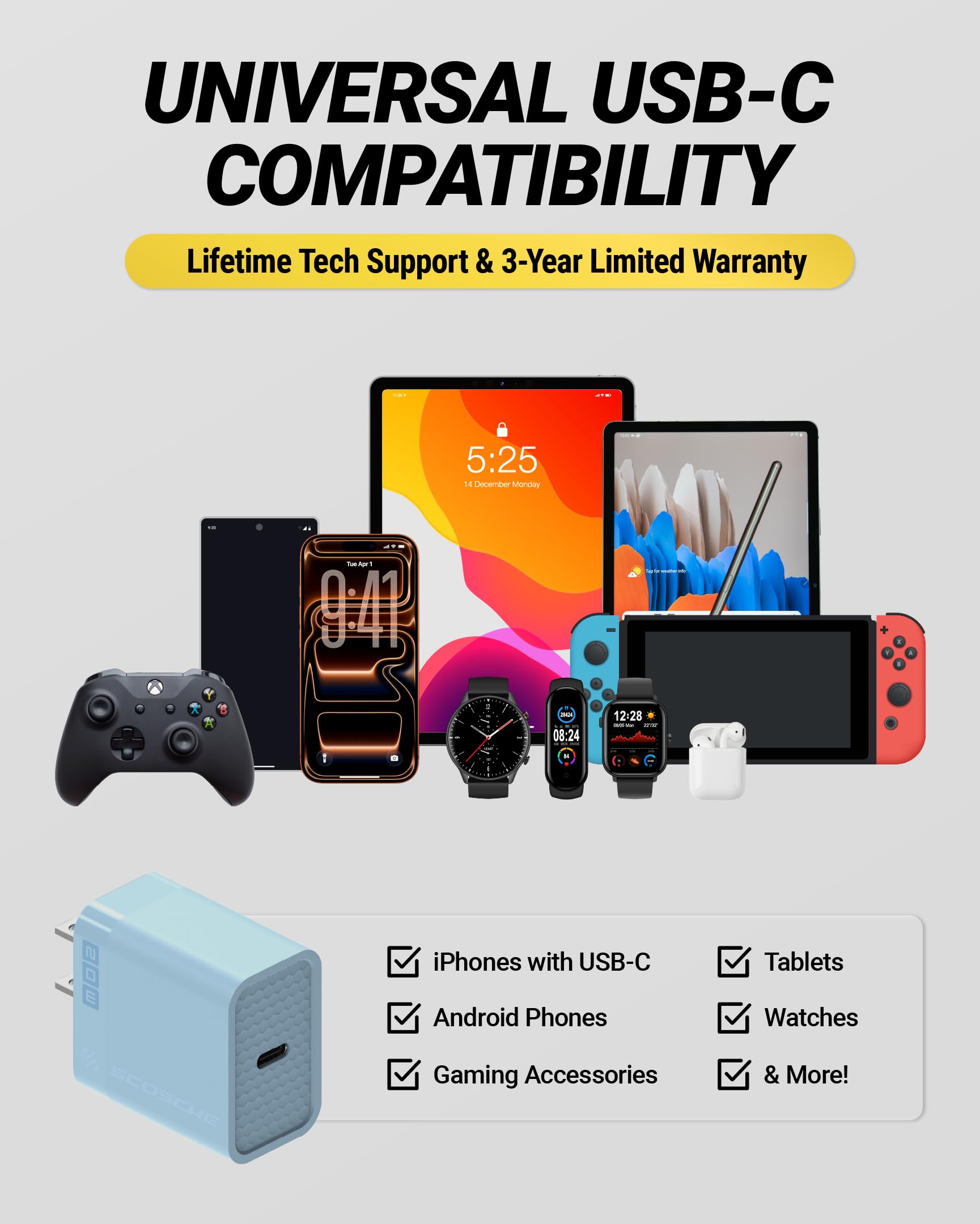 Scosche 20W USB C Charger Block and Braided 6ft USB-CCharging Cable, Fast Charging Type C Wall Charger Compatible with Apple iPhone Air, iPhone 17/16/15, Samsung Galaxy, Pixel, iPad, AirPods, Blue - Image 6