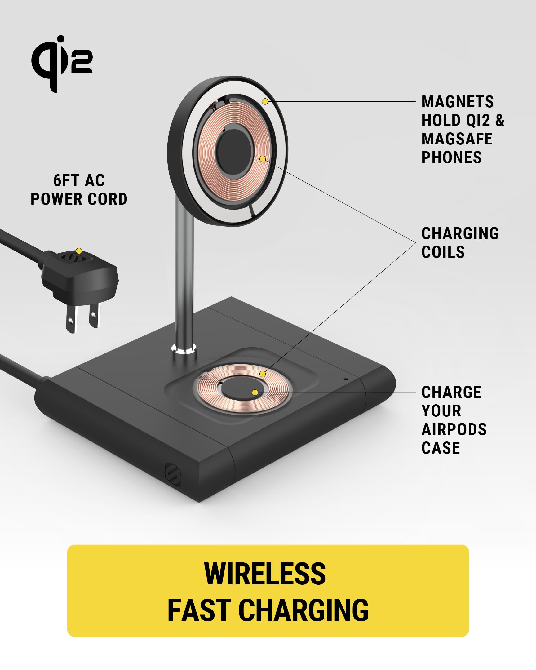 Scosche BaseLynx 2.0 2-in-1 Fast Charging Station, 15W Qi2 MagSafe Charger Stand and 5W Wireless Charging Pad for AirPods, Phone Charger Compatible with Apple iPhone 16/15/14/13/12 Samsung S25, Black - Image 4
