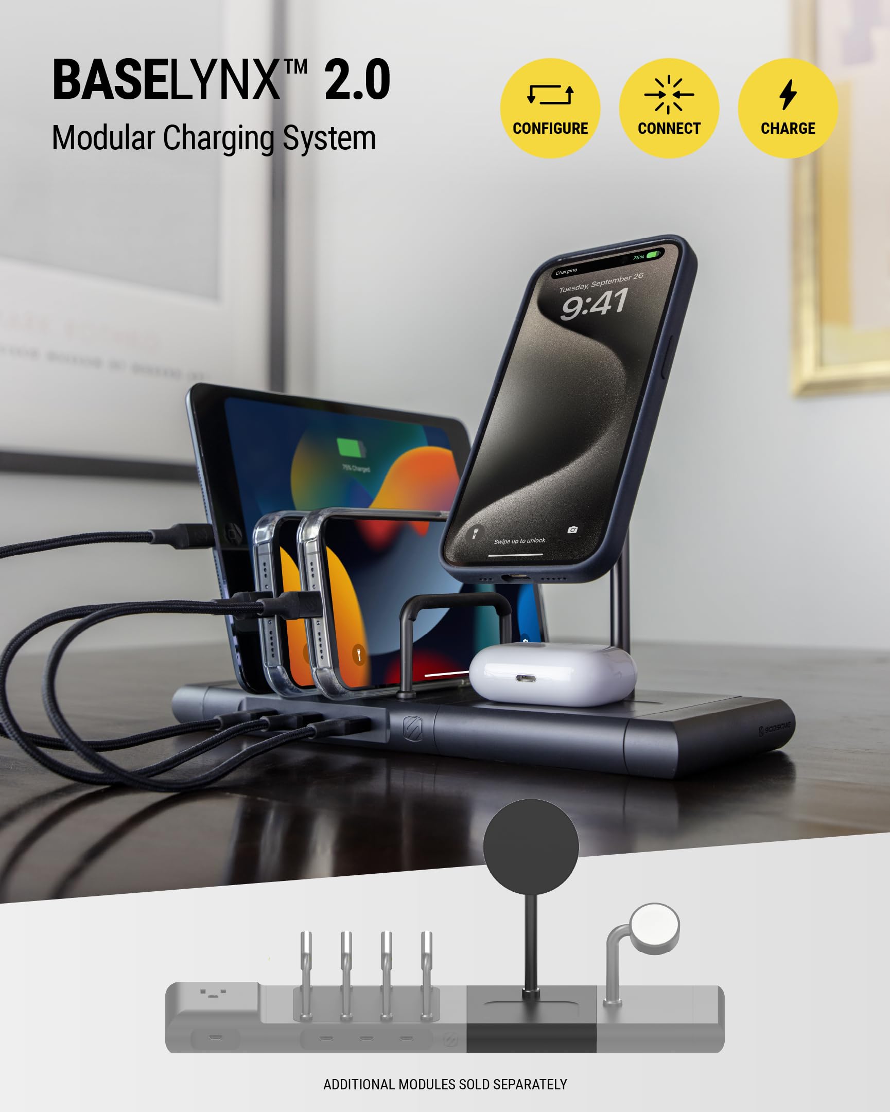 Scosche BaseLynx 2.0 2-in-1 Fast Charging Station, 15W Qi2 MagSafe Charger Stand and 5W Wireless Charging Pad for AirPods, Phone Charger Compatible with Apple iPhone 16/15/14/13/12 Samsung S25, Black - Image 6