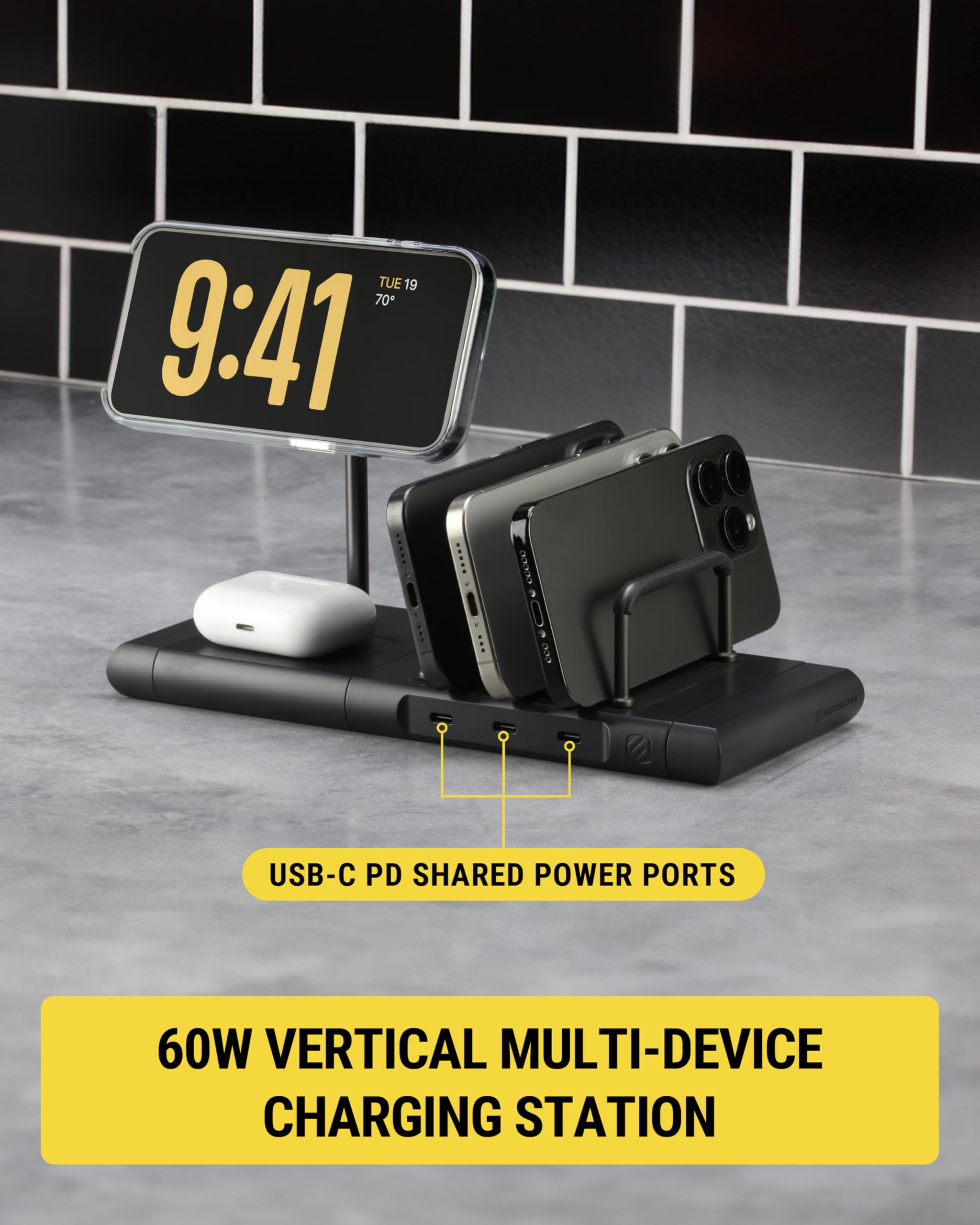 Scosche BaseLynx 2.0 Multi Charging Station with Qi2 15W Magnetic Wireless Charger Stand, 5W Charging pad for AirPods, 3-Port 60W USB-C Fast Charger Compatible with Apple iPhone, MagSafe, Samsung - Image 4