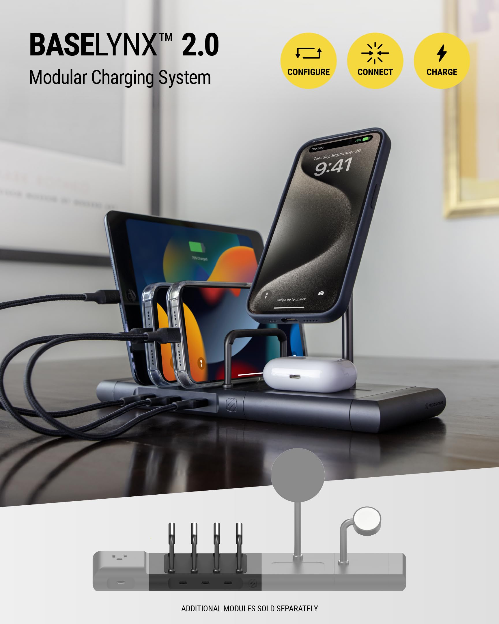 Scosche BL2MD BaseLynx 2.0 Vertical USB-C Charging Station for Multiple Devices, 60W Docking Station and Charger Organizer with 3 Fast Charge Ports, Compatible with Apple iPhone, iPad, MacBook, Black - Image 6