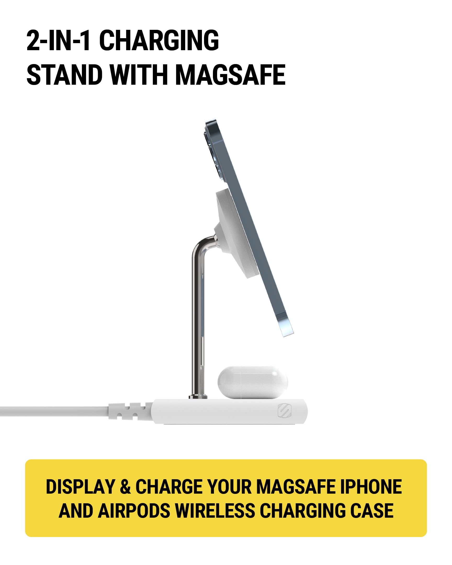 Scosche BL2MSiQWT-AP BaseLynx™ 2.0 2-in-1 Modular Charging Station with MagSafe, 15W Fast Wireless Charging Phone Stand Compatible w/Apple iPhone 15/14/13/12 Series, 5W Charger Pad for AirPods, White - Image 3