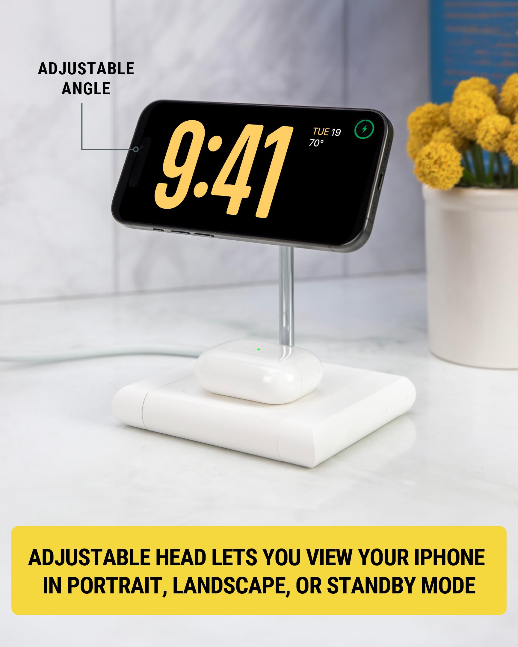 Scosche BL2MSiQWT-AP BaseLynx™ 2.0 2-in-1 Modular Charging Station with MagSafe, 15W Fast Wireless Charging Phone Stand Compatible w/Apple iPhone 15/14/13/12 Series, 5W Charger Pad for AirPods, White - Image 4