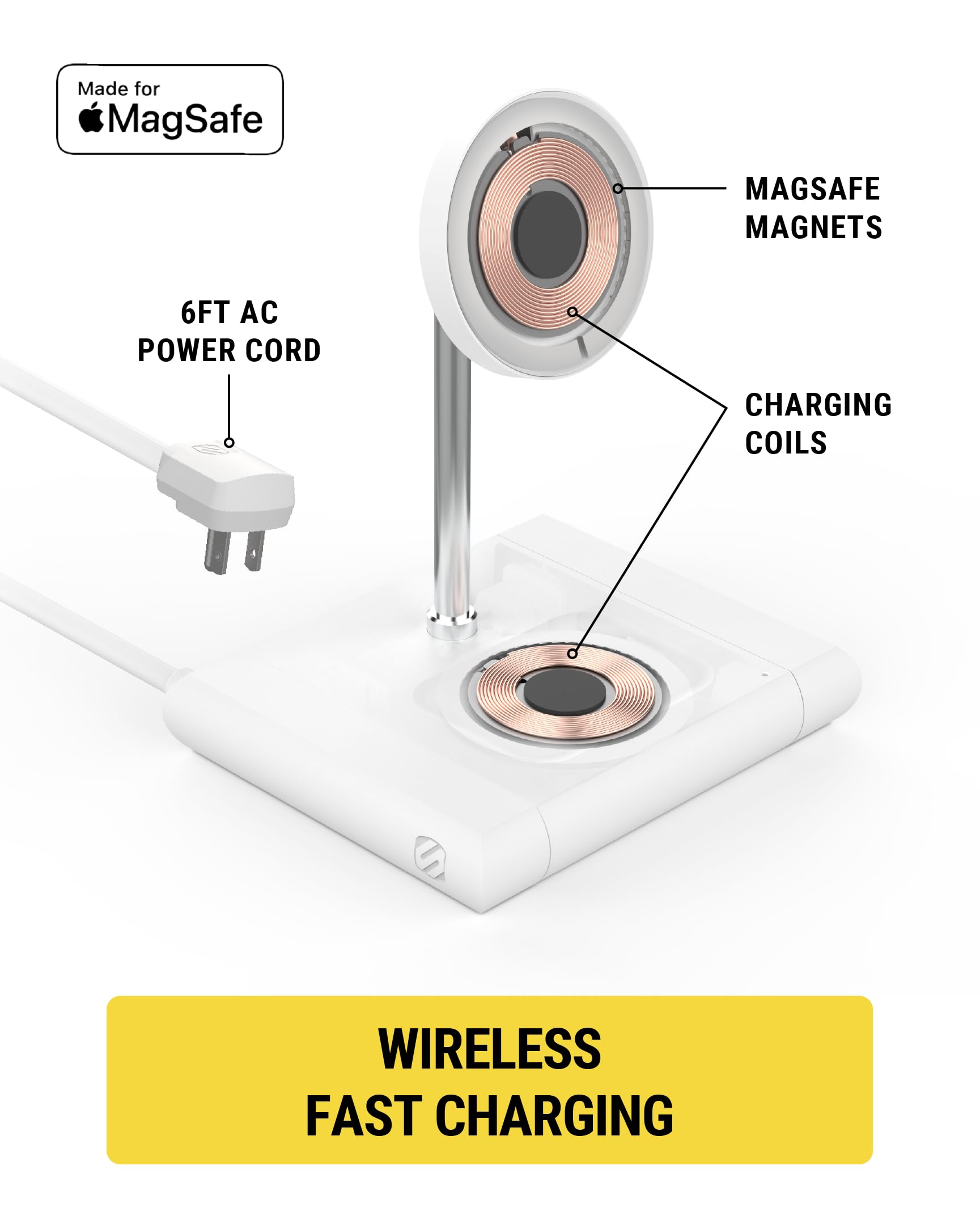 Scosche BL2MSiQWT-AP BaseLynx™ 2.0 2-in-1 Modular Charging Station with MagSafe, 15W Fast Wireless Charging Phone Stand Compatible w/Apple iPhone 15/14/13/12 Series, 5W Charger Pad for AirPods, White - Image 5