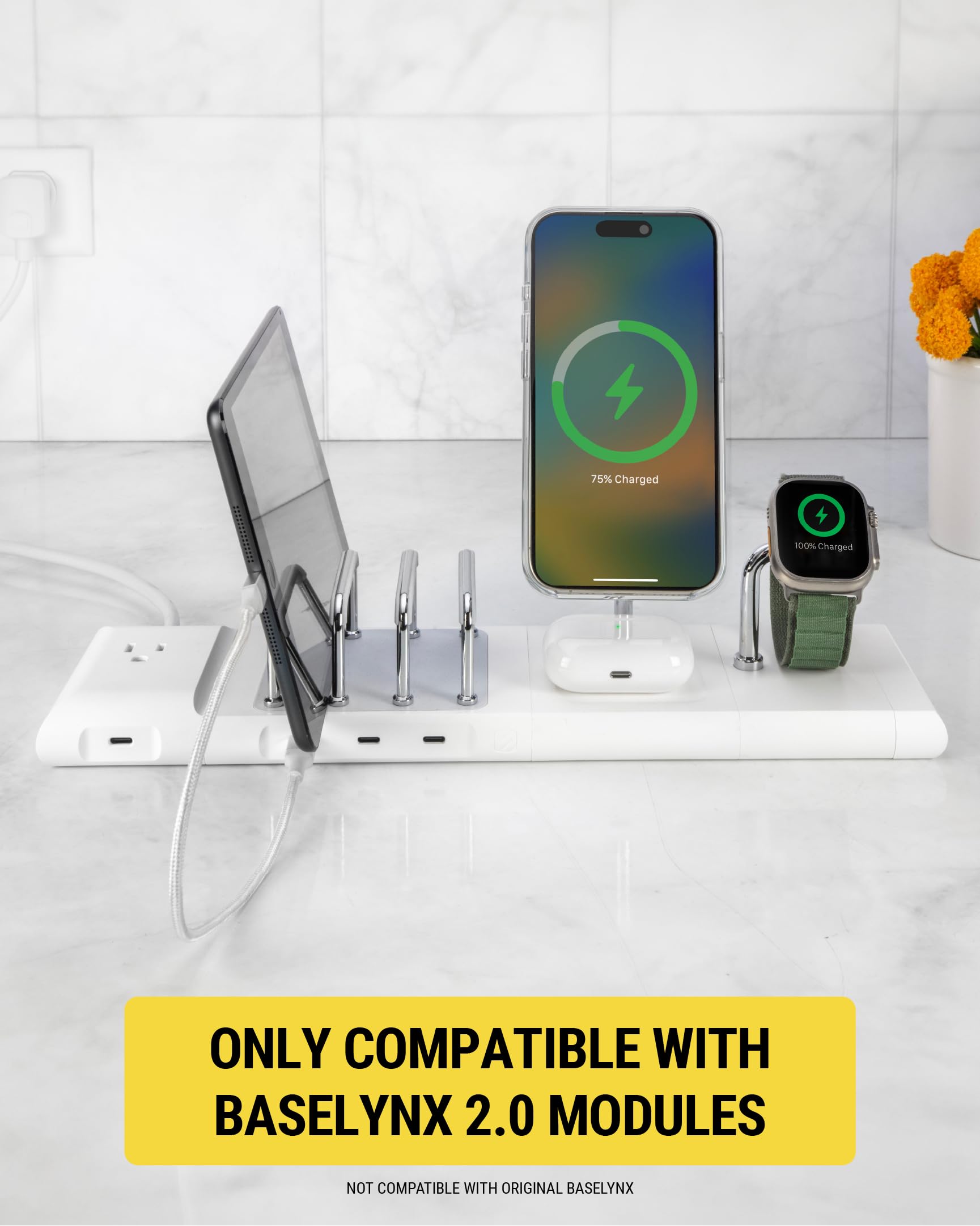 Scosche BL2MSiQWT-AP BaseLynx™ 2.0 2-in-1 Modular Charging Station with MagSafe, 15W Fast Wireless Charging Phone Stand Compatible w/Apple iPhone 15/14/13/12 Series, 5W Charger Pad for AirPods, White - Image 6