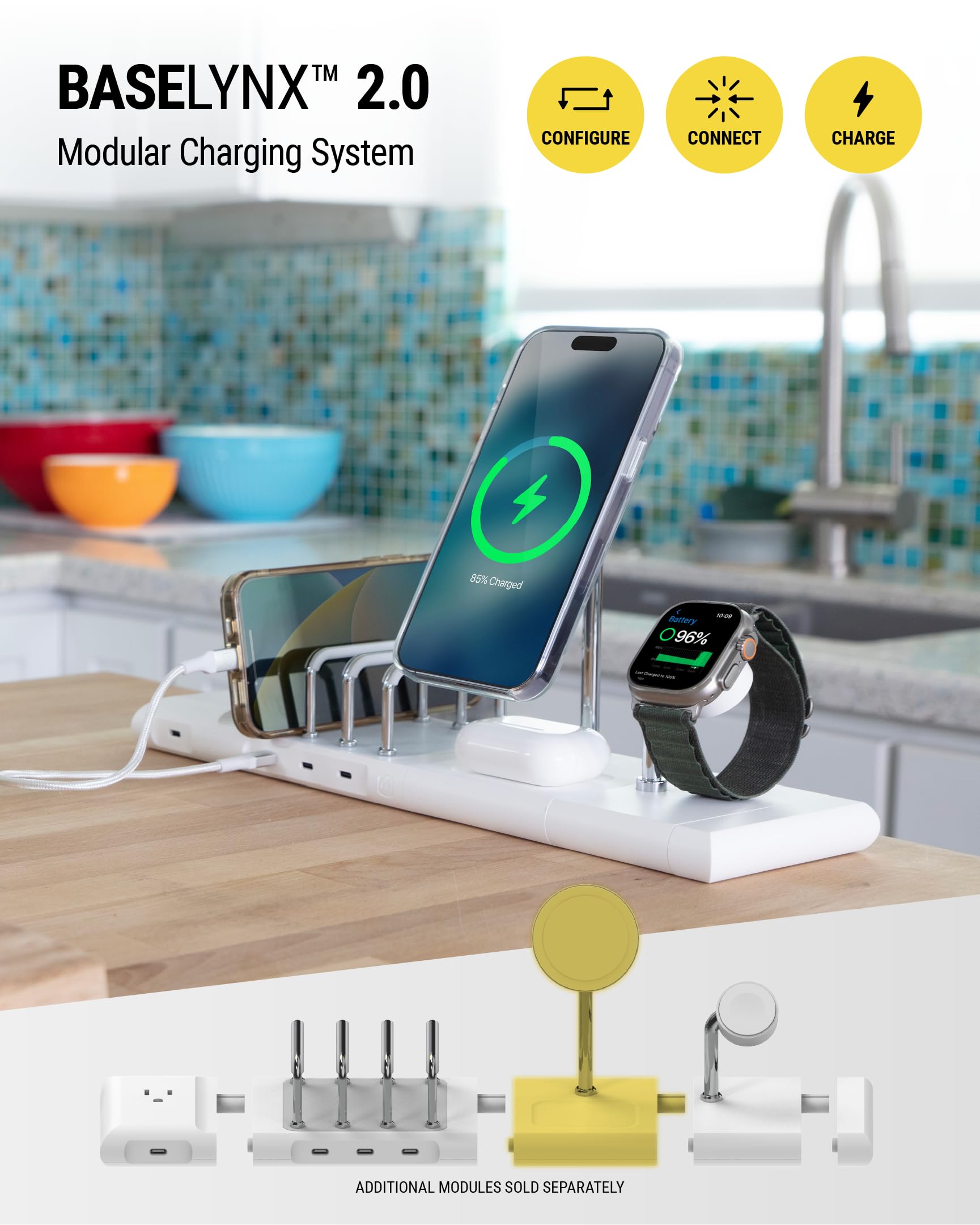 Scosche BL2MSiQWT-AP BaseLynx™ 2.0 2-in-1 Modular Charging Station with MagSafe, 15W Fast Wireless Charging Phone Stand Compatible w/Apple iPhone 15/14/13/12 Series, 5W Charger Pad for AirPods, White - Image 7