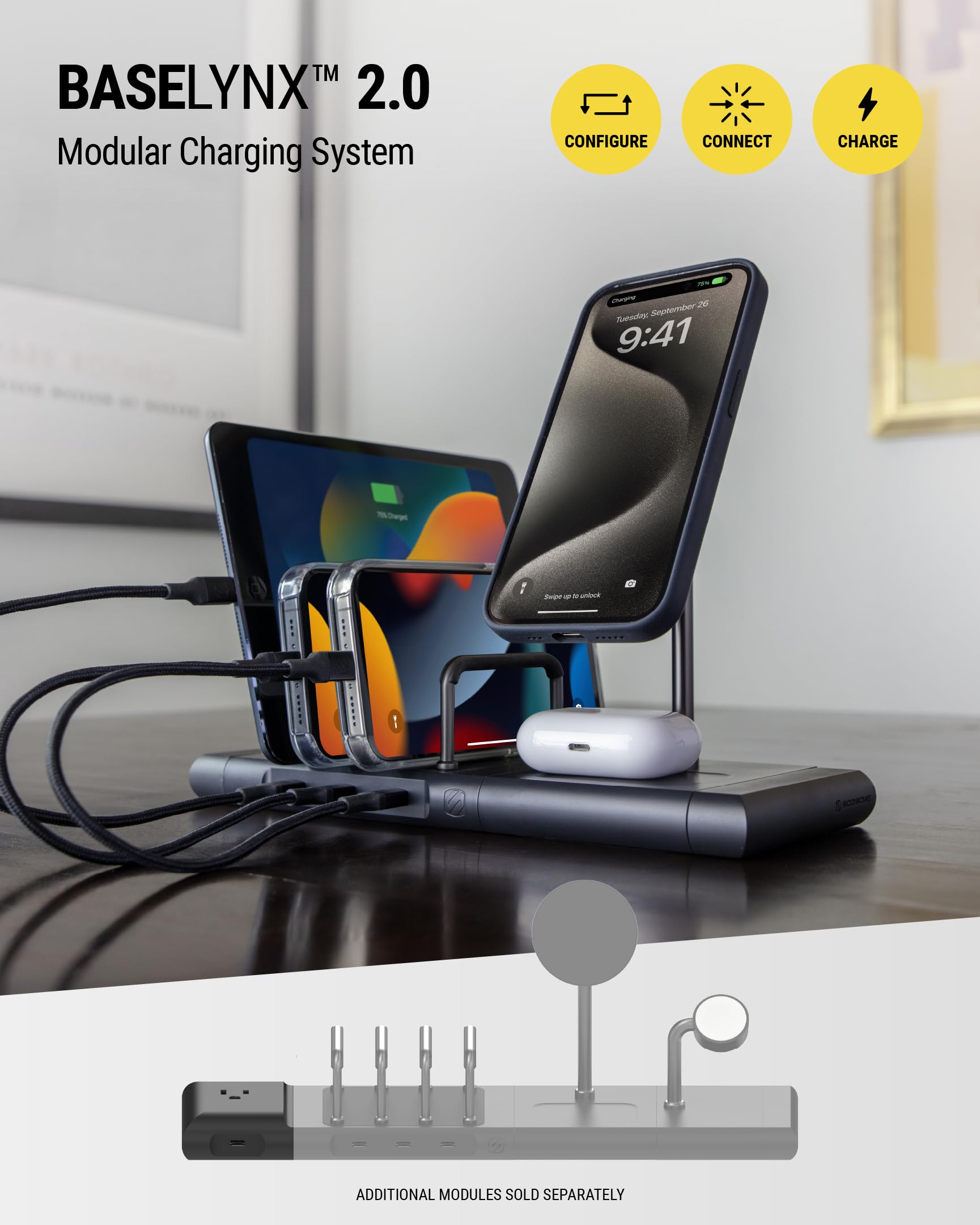 Scosche BL2PE BaseLynx 2.0 Powered End Cap, Modular Charging System Accessory with 120V AC Outlet Adapter Wall Plug and 67W USB-C Charger Port Compatible with Apple iPhone, iPad, MacBook & More, Black - Image 6