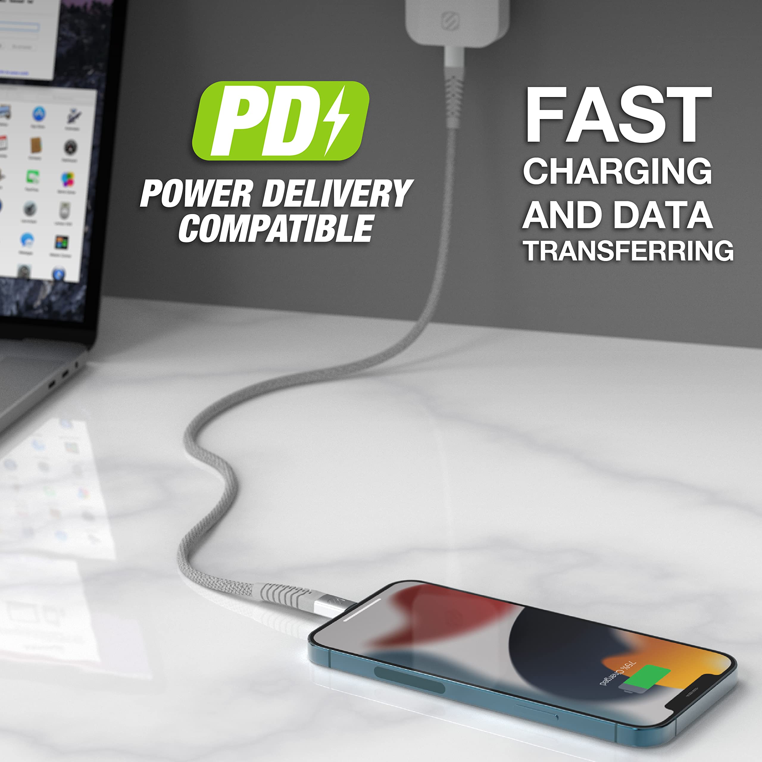 Scosche HDi3B4WT-SP Strikeline Heavy-Duty Premium MFi Certified Fast Charging Cable and Data Transfer, 4-ft. Braided USB-A to Lightning Charger Cord Compatible with Apple iPhone and iPad (White) - Image 4