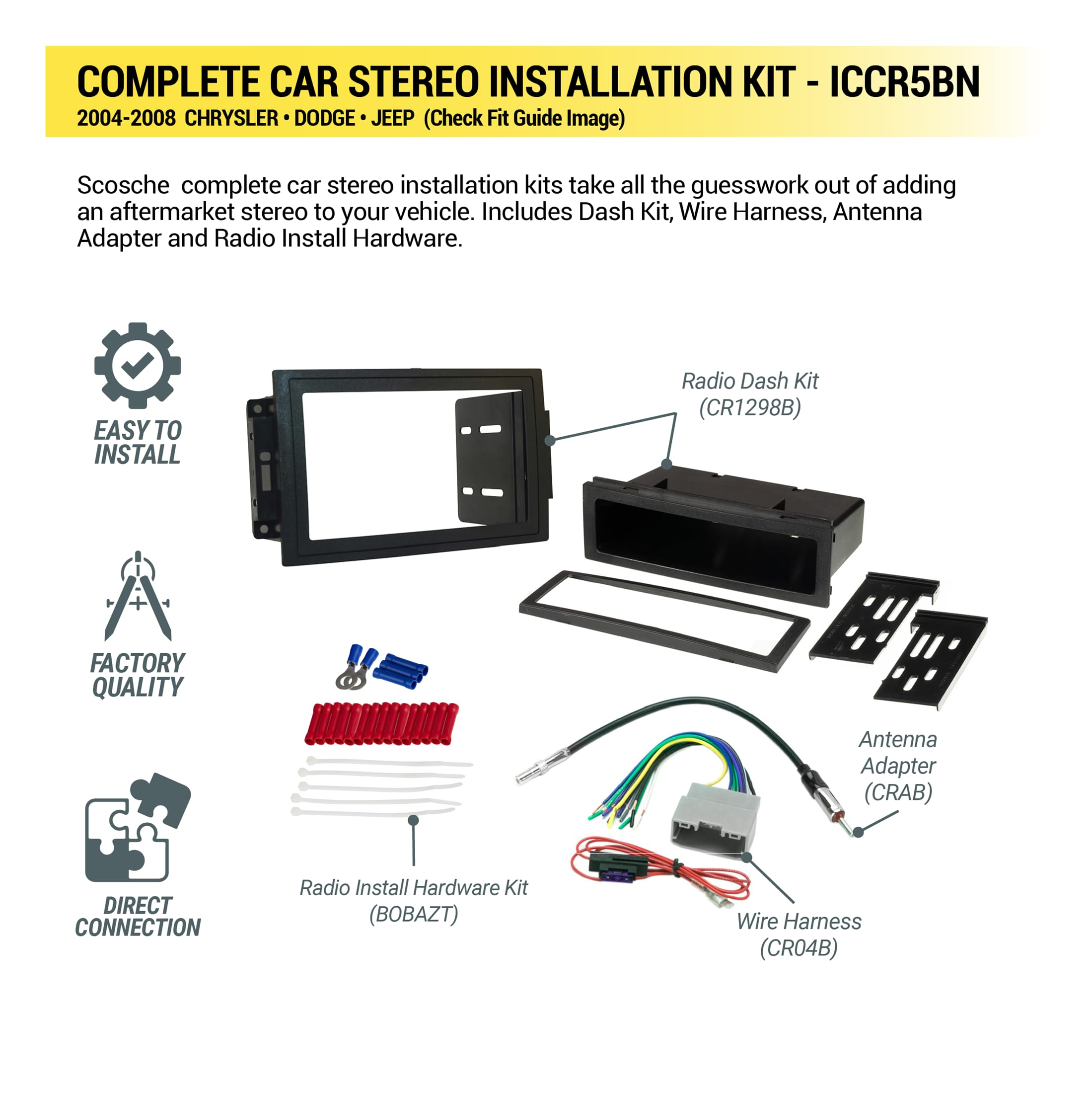 Scosche ICCR5BN Double DIN Radio Install Dash Kit & Harness Compatible with Select 2004-08 Factory Amplified Chrysler, Dodge & Jeep - Complete Basic Car Stereo Installation Kit - Does Not Retain SWC - Image 4