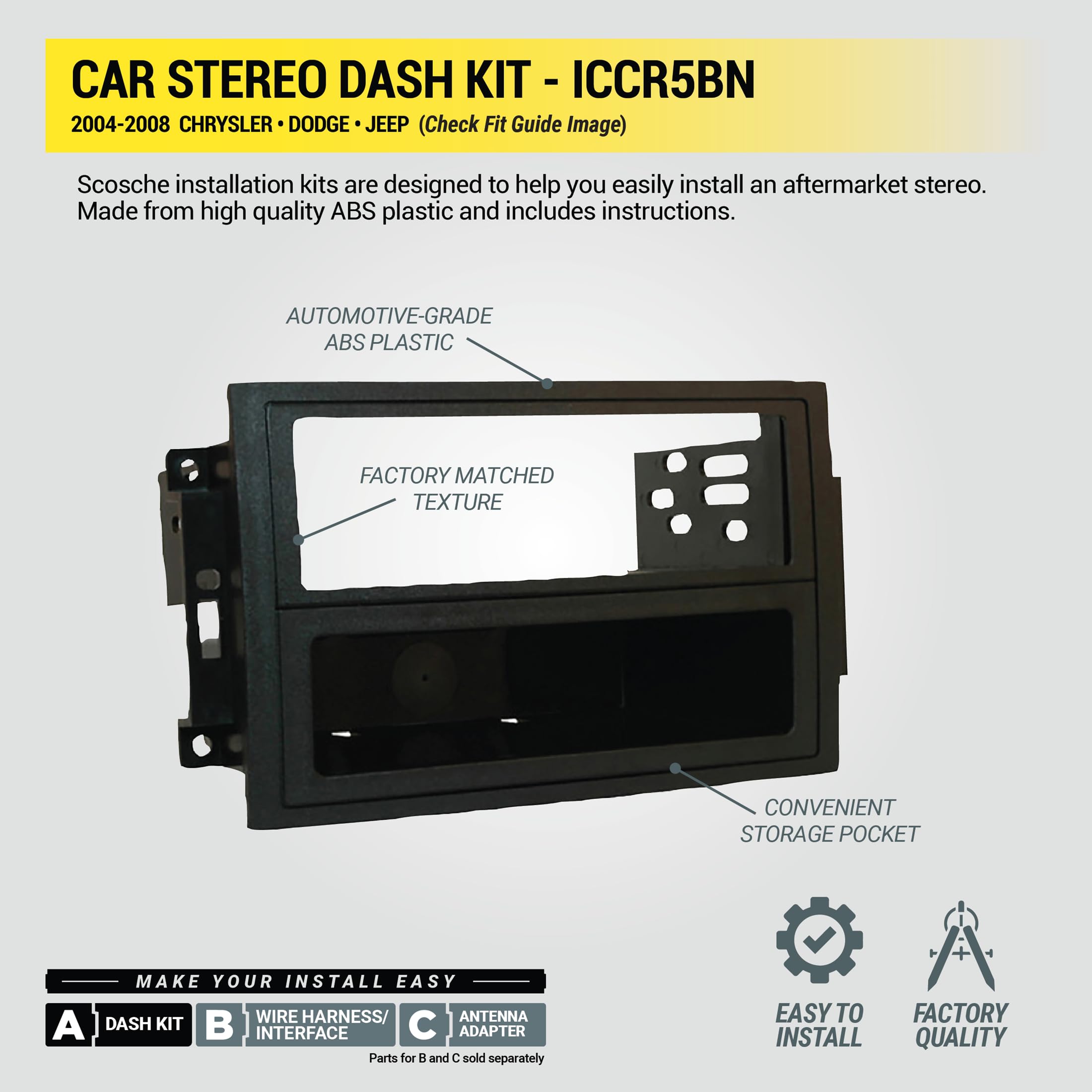 Scosche ICCR5BN Double DIN Radio Install Dash Kit & Harness Compatible with Select 2004-08 Factory Amplified Chrysler, Dodge & Jeep - Complete Basic Car Stereo Installation Kit - Does Not Retain SWC - Image 6