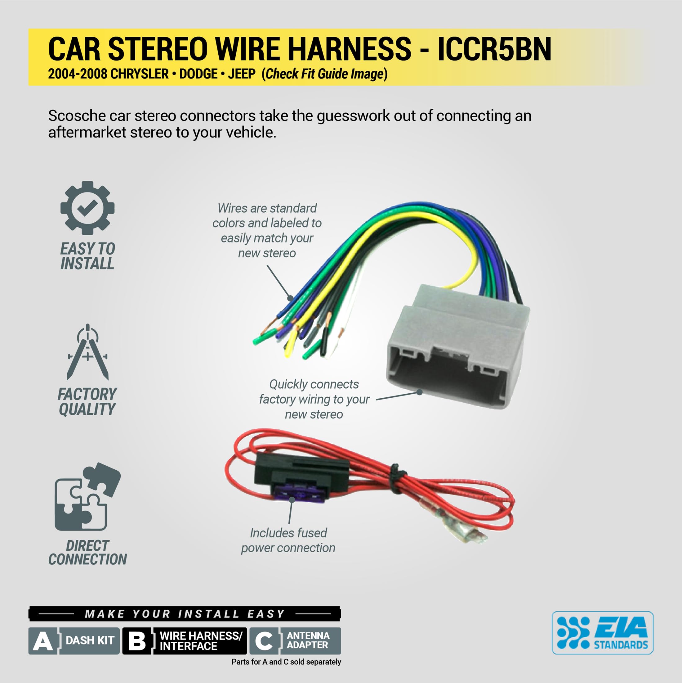 Scosche ICCR5BN Double DIN Radio Install Dash Kit & Harness Compatible with Select 2004-08 Factory Amplified Chrysler, Dodge & Jeep - Complete Basic Car Stereo Installation Kit - Does Not Retain SWC - Image 8