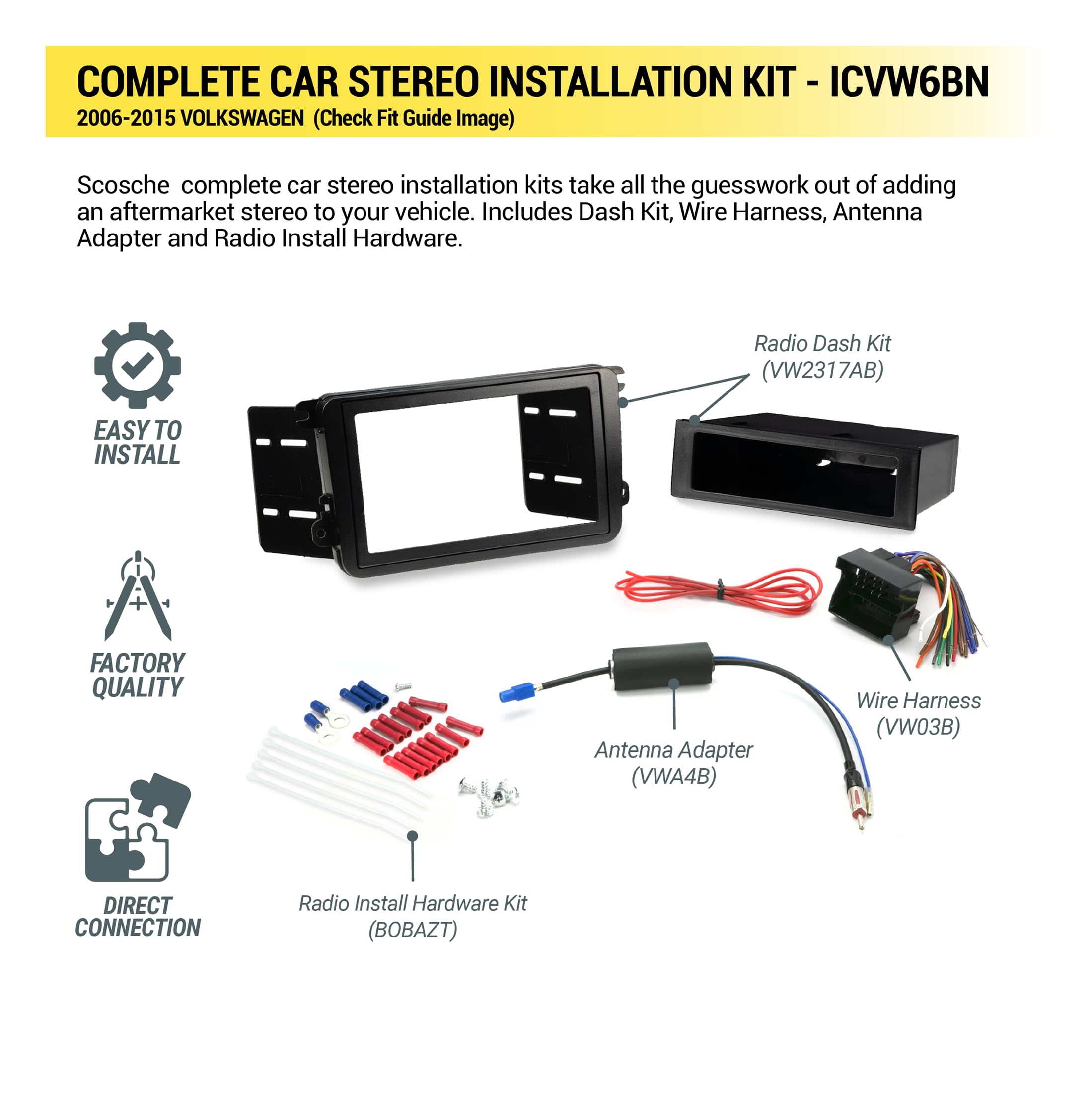 Scosche ICVW6BN Double DIN Radio Install Dash Kit Compatible with Select 2006-15 Non-Factory Amplified Volkswagen Vehicles - Complete Car Stereo Installation Kit - See Vehicle Fit Guide in Images - Image 3
