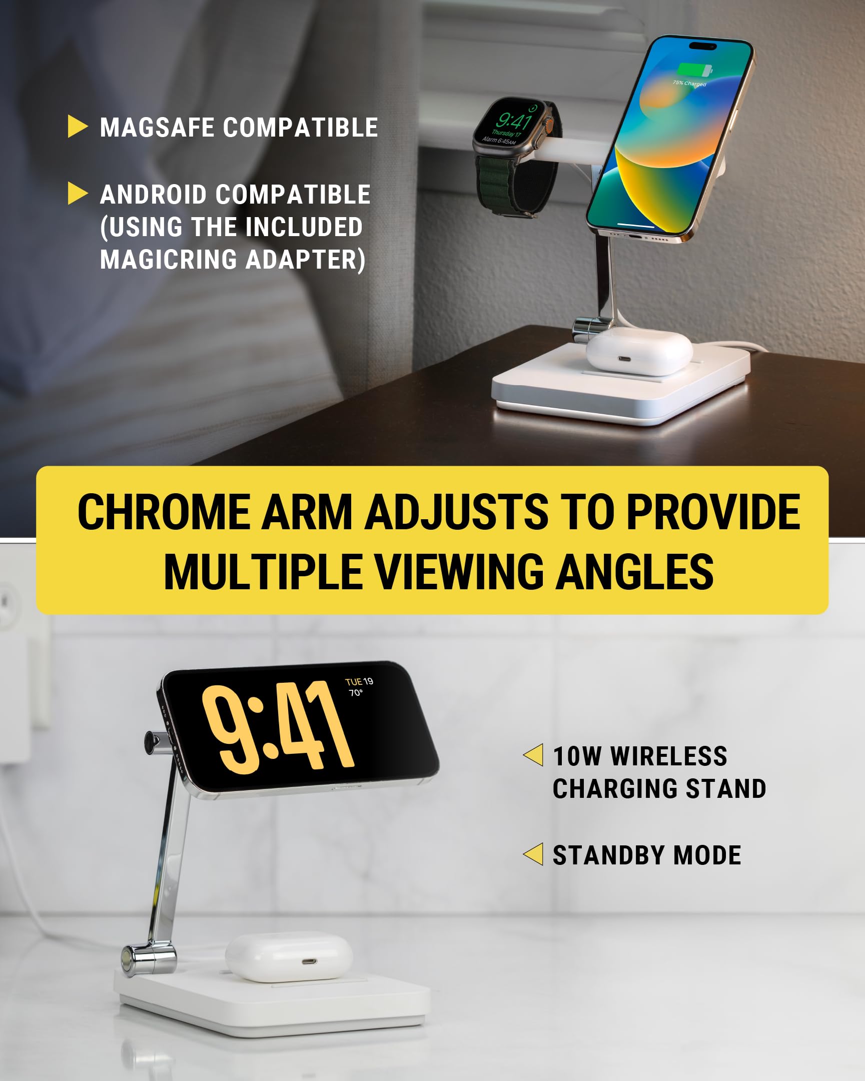 Scosche MagicMount Base MS Foldable Fast Wireless Charging Station for Desk, Phone Charger for MagSafe iPhone 16/15/14/13/12/AirPods Pro with Apple Watch Charger Stand - Image 5