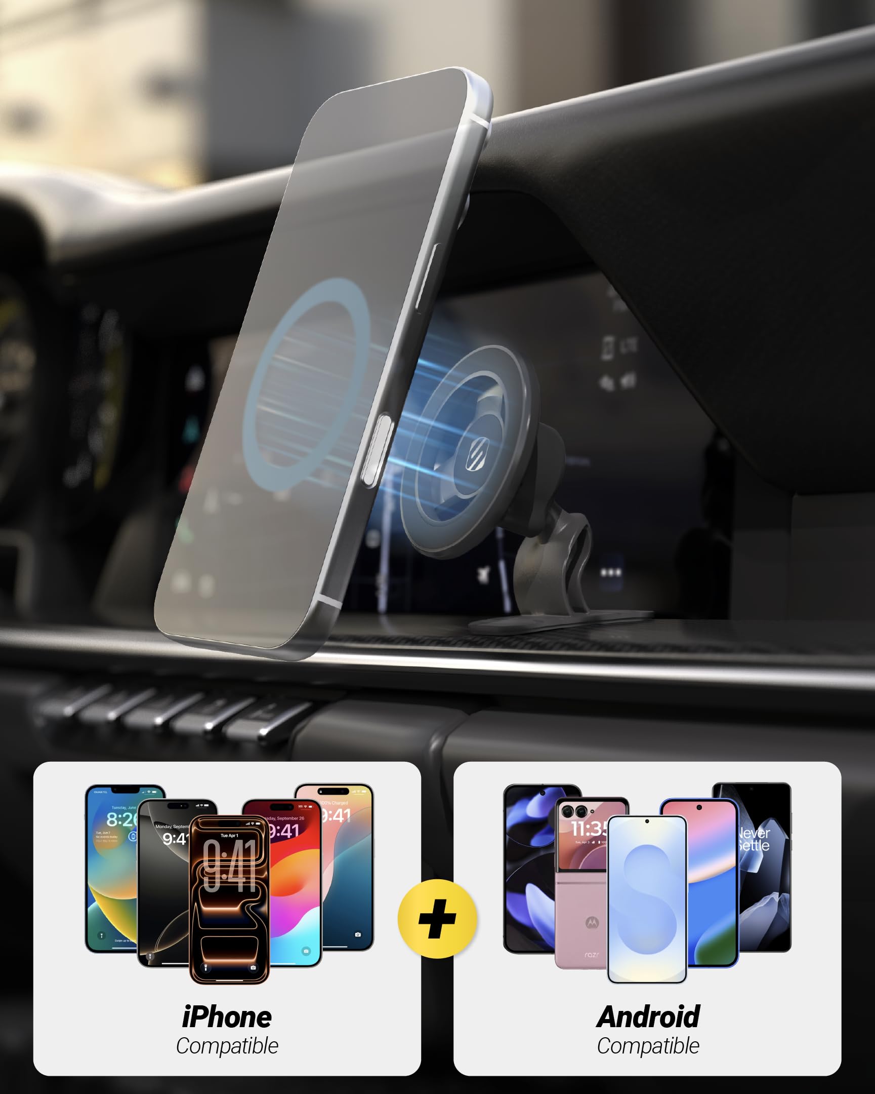 Scosche MagSafe Car Mount, Magnetic Dashboard Phone Holder for Car with 3M Adhesive Base, Strong Magnet Hold, 360° Rotatable Cell Phone Car Mount for iPhone 17/16/15/14/13/12, Includes Magnetic Ring - Image 3