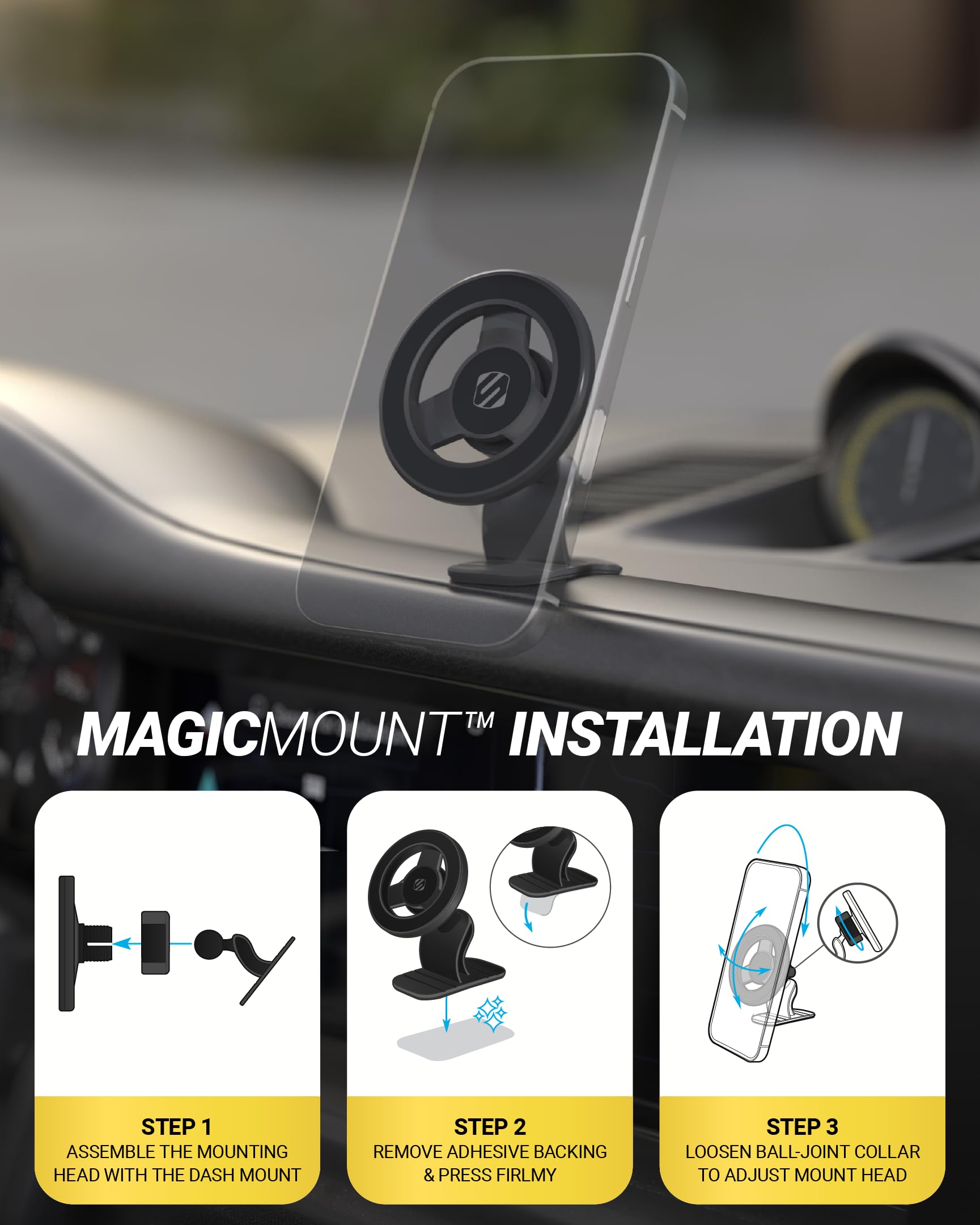 Scosche MagSafe Car Mount, Magnetic Dashboard Phone Holder for Car with 3M Adhesive Base, Strong Magnet Hold, 360° Rotatable Cell Phone Car Mount for iPhone 17/16/15/14/13/12, Includes Magnetic Ring - Image 6