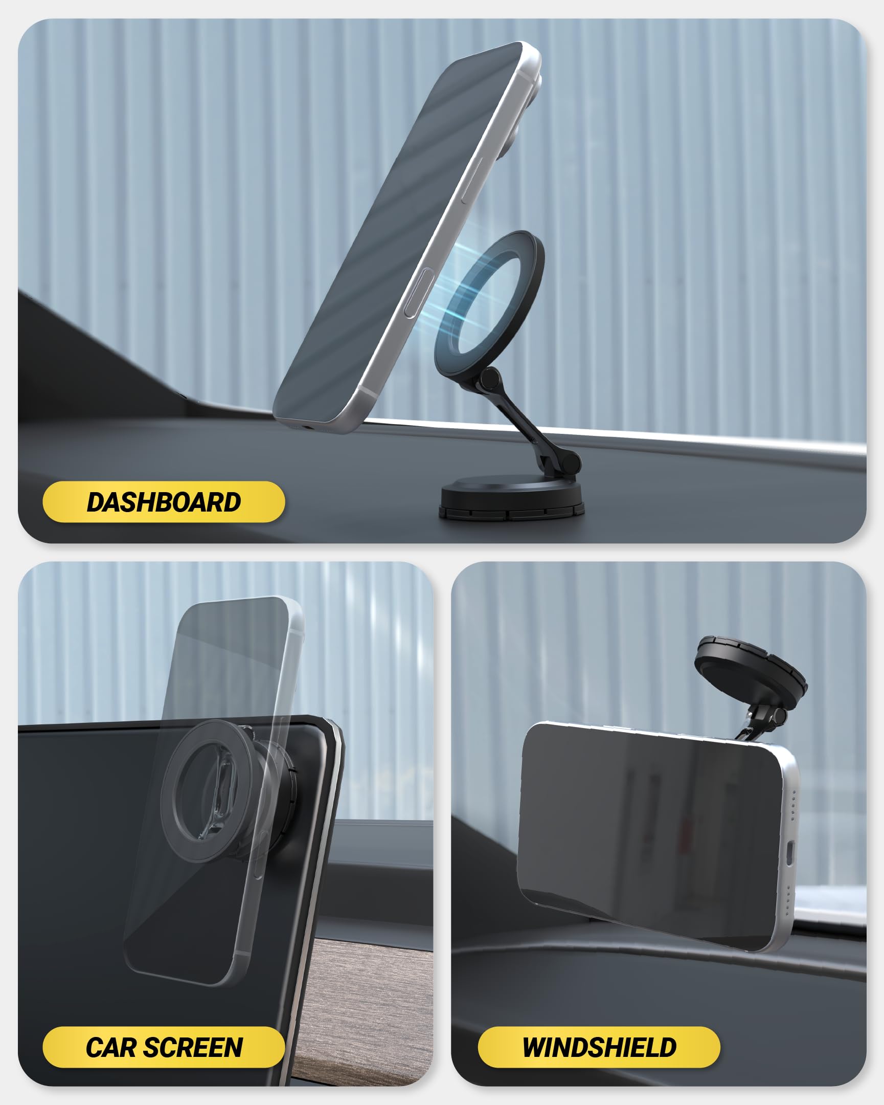 Scosche MagSafe Car Mount, Magnetic Phone Holder for Car Dashboard with Foldable Arm and 360° Swivel Adhesive Base, Secure Car Phone Mount for iPhone 17/16/15/14/13, Compatible with PopSockets - Image 3