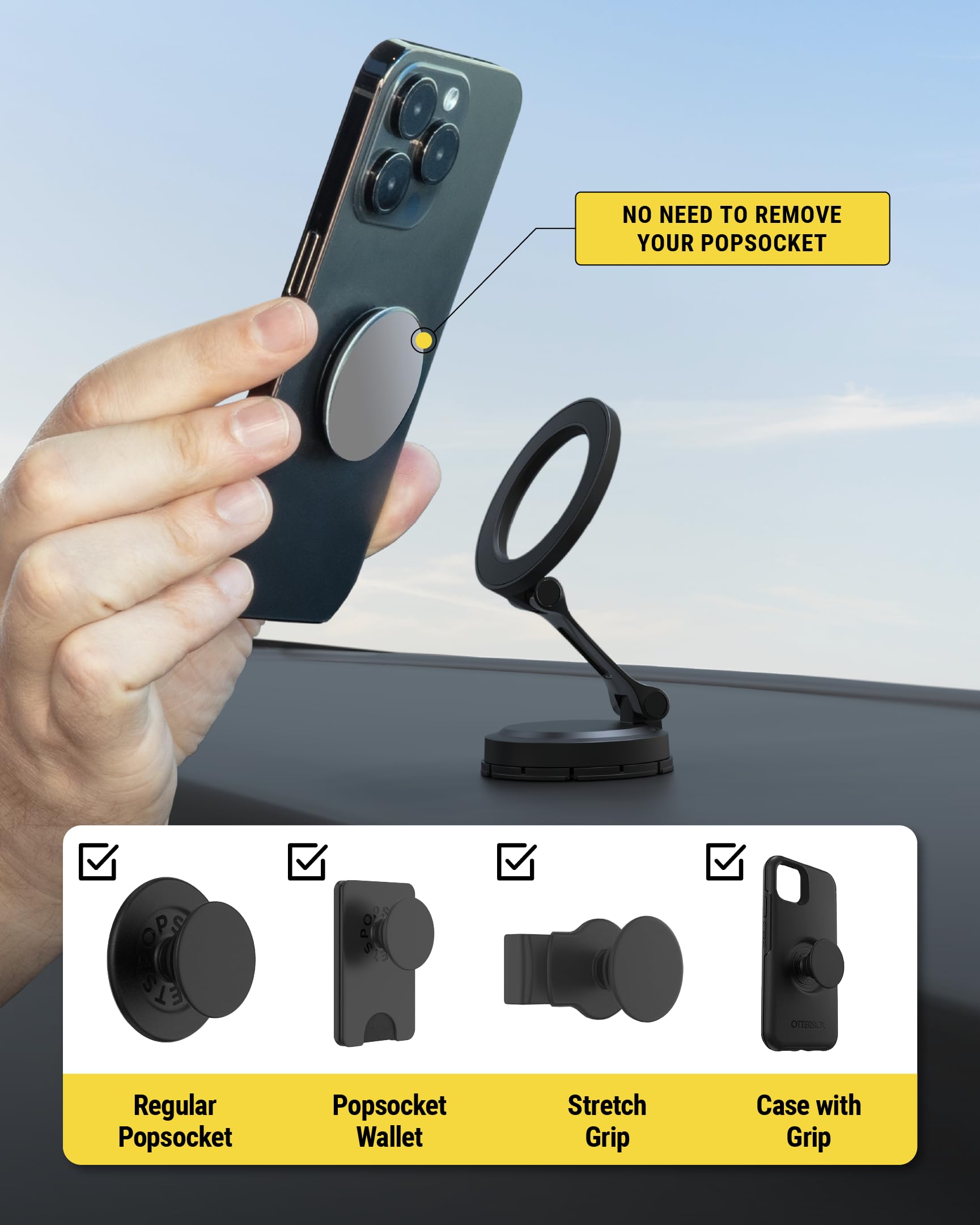 Scosche MagSafe Car Mount, Magnetic Phone Holder for Car Dashboard with Foldable Arm and 360° Swivel Adhesive Base, Secure Car Phone Mount for iPhone 17/16/15/14/13, Compatible with PopSockets - Image 6