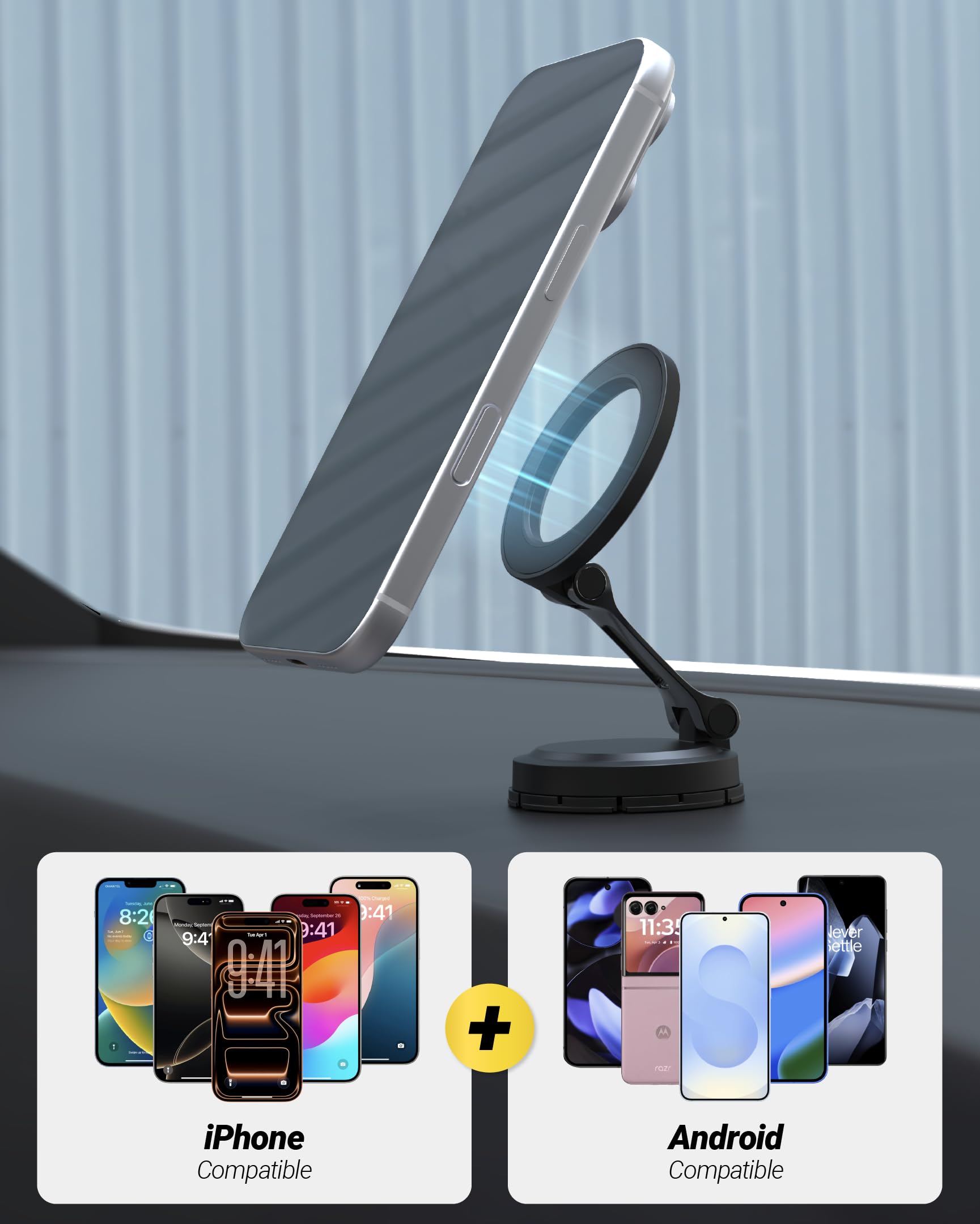 Scosche MagSafe Car Mount, Magnetic Phone Holder for Car Dashboard with Foldable Arm and 360° Swivel Adhesive Base, Secure Car Phone Mount for iPhone 17/16/15/14/13, Compatible with PopSockets - Image 7