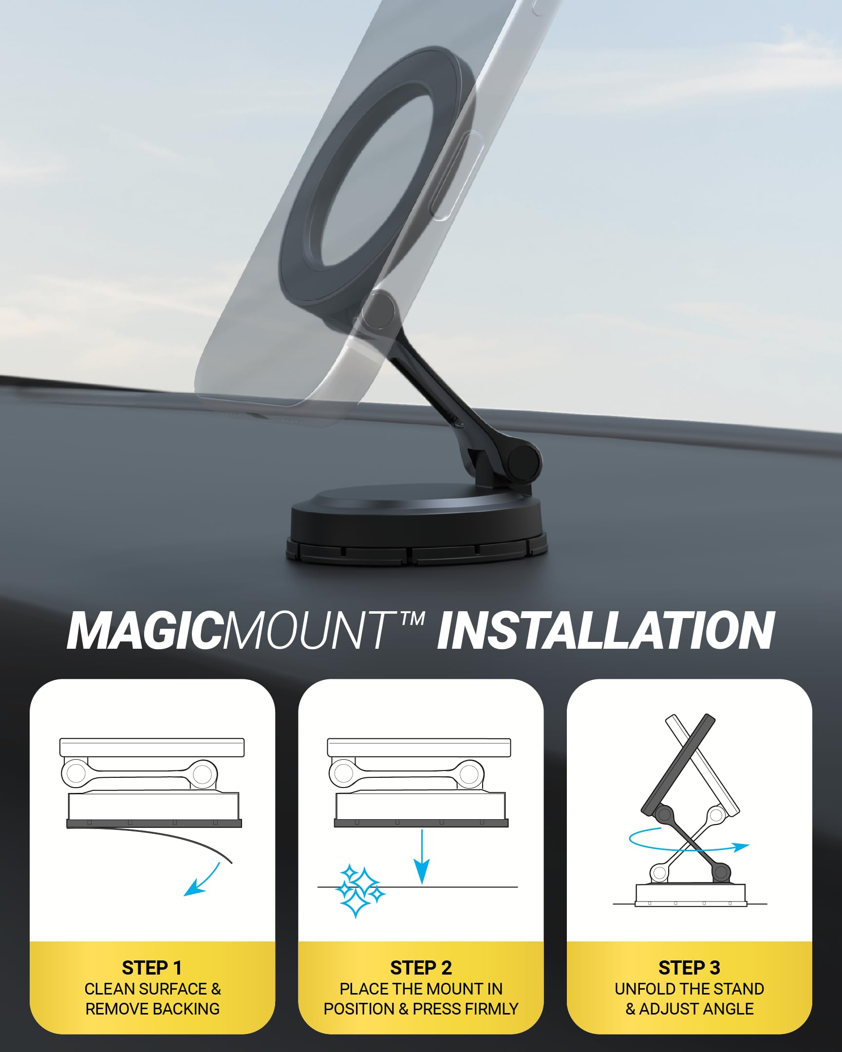 Scosche MagSafe Car Mount, Magnetic Phone Holder for Car Dashboard with Foldable Arm and 360° Swivel Adhesive Base, Secure Car Phone Mount for iPhone 17/16/15/14/13, Compatible with PopSockets - Image 8