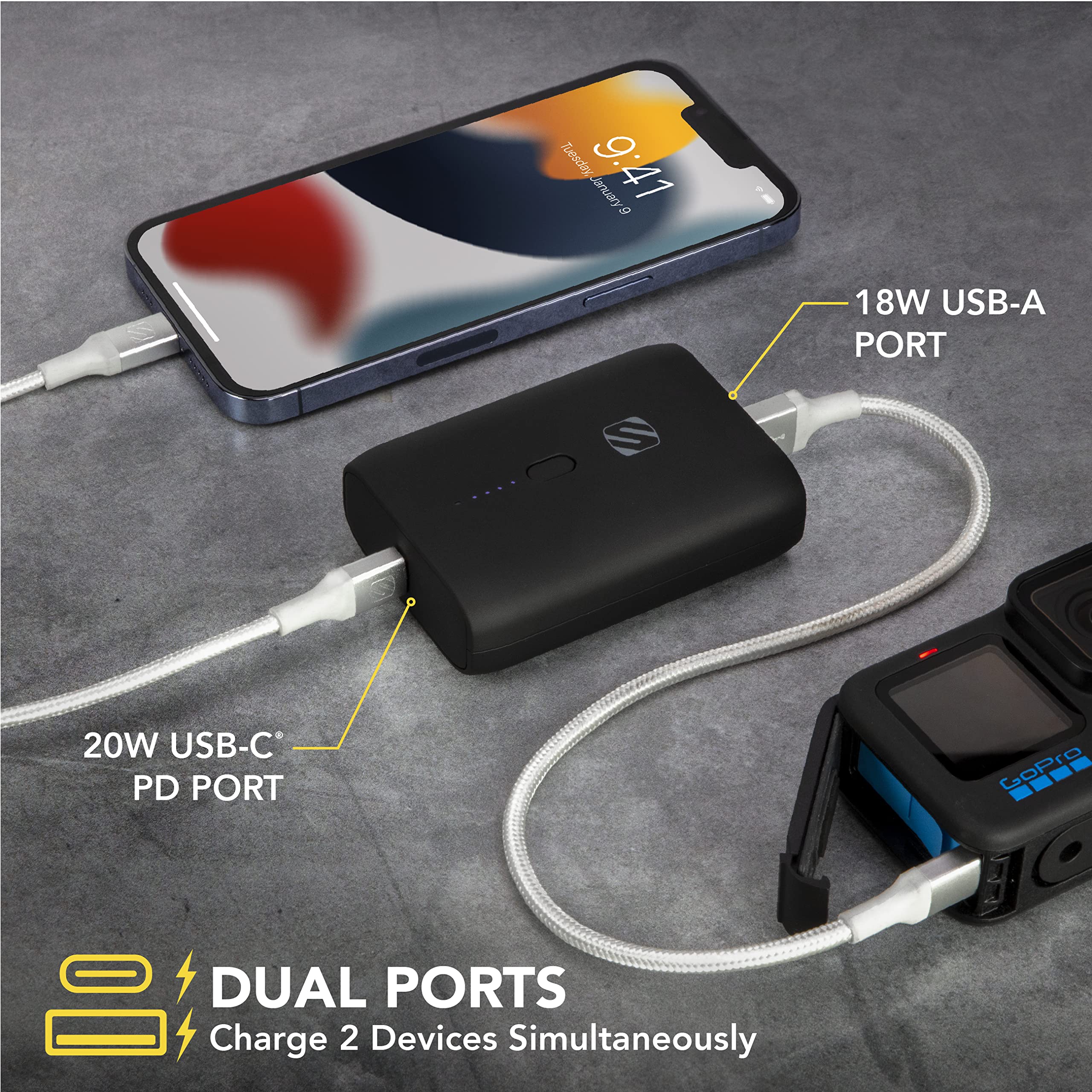Scosche PB10PD-SP GoBat 10000mAh Compact Dual Port Cell Phone Battery Pack, 20W USB-C Power Delivery Fast Charger & 18W USB-A Portable Power Bank, External Battery Compatible w/ Apple iPhone & Android - Image 3