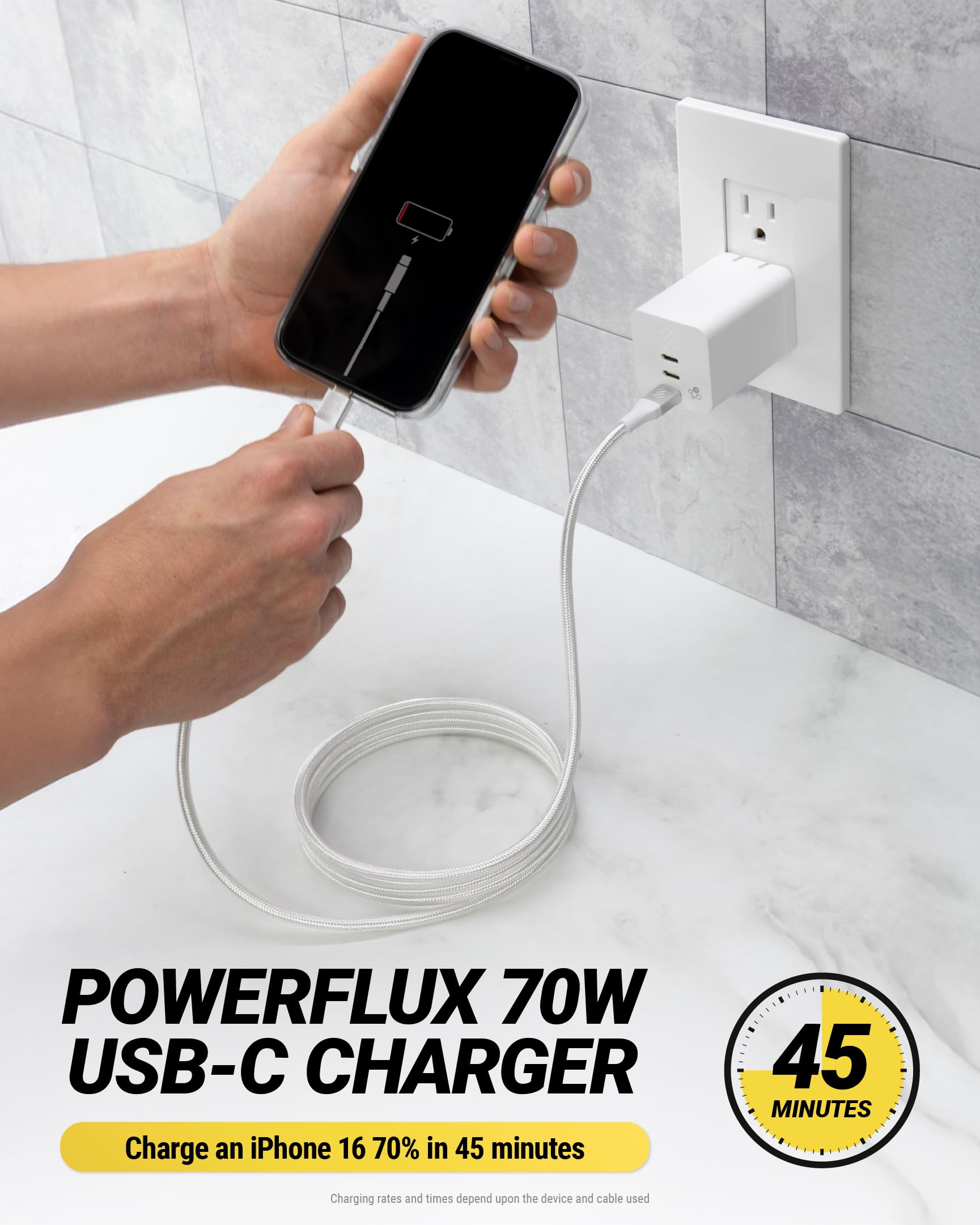 Scosche PowerFlux 70W USB-C Charger Block, 3-Port Fast Charging GaN Wall Adapter with Foldable Plug, Power Delivery Home & Travel Charger Compatible with iPhone 17/16, iPad, MacBook, Galaxy S25 - Image 3