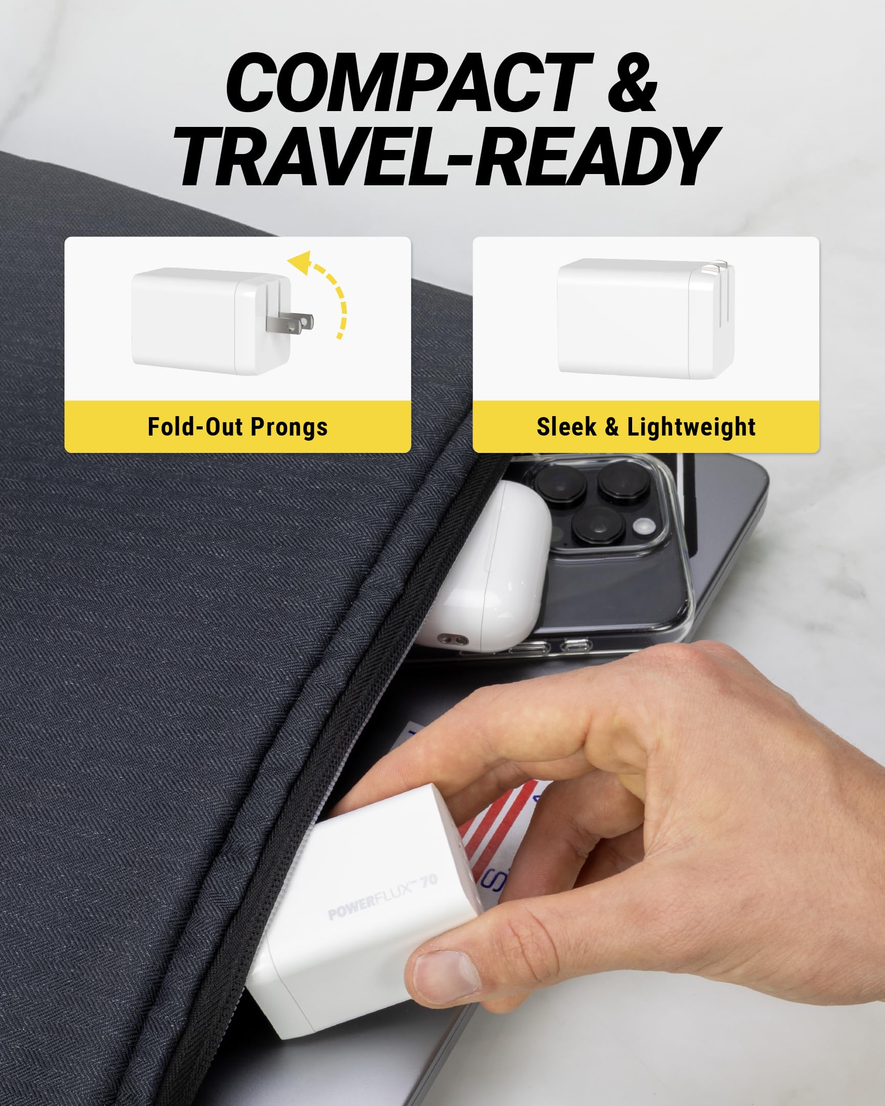 Scosche PowerFlux 70W USB-C Charger Block, 3-Port Fast Charging GaN Wall Adapter with Foldable Plug, Power Delivery Home & Travel Charger Compatible with iPhone 17/16, iPad, MacBook, Galaxy S25 - Image 4