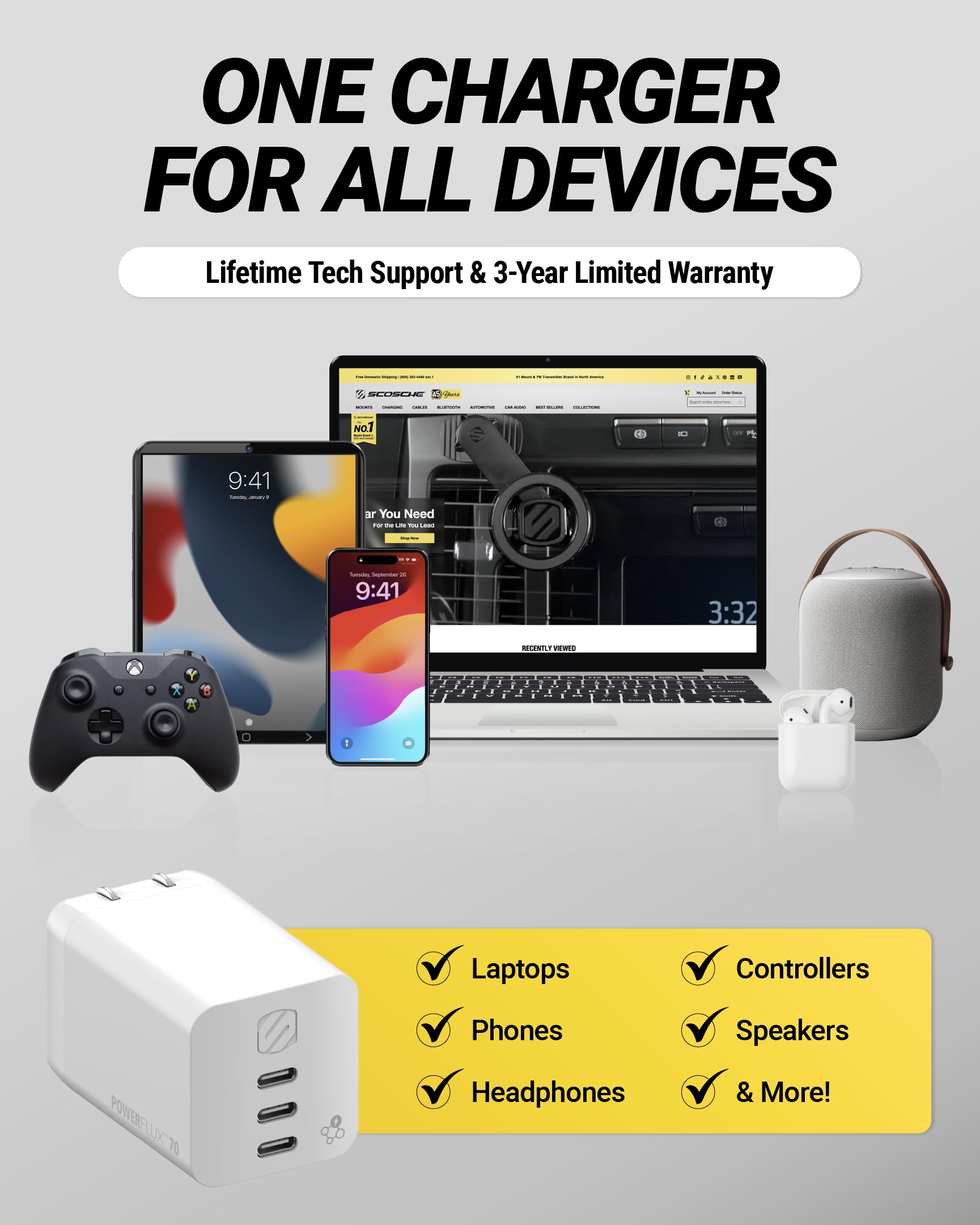 Scosche PowerFlux 70W USB-C Charger Block, 3-Port Fast Charging GaN Wall Adapter with Foldable Plug, Power Delivery Home & Travel Charger Compatible with iPhone 17/16, iPad, MacBook, Galaxy S25 - Image 8