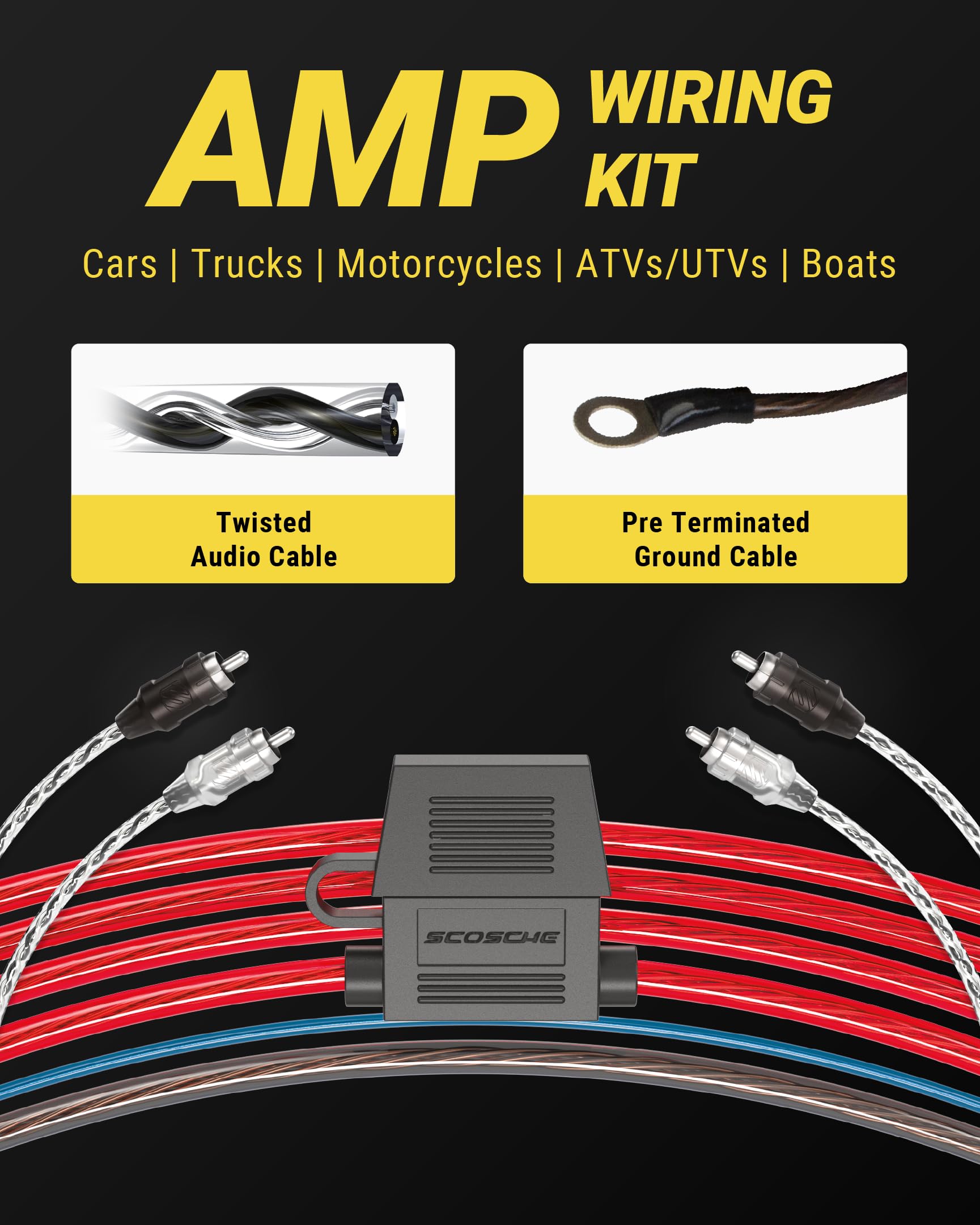 Scosche PSM12CCF 12 Gauge Power Sport Amp Wiring Kit, Complete Amplifier & Accessory Installation Kit for Car, UTV, ATV & Off-Road Vehicles w/Power & Ground Cables, RCA Cable, Fuse Holder & Terminals - Image 3