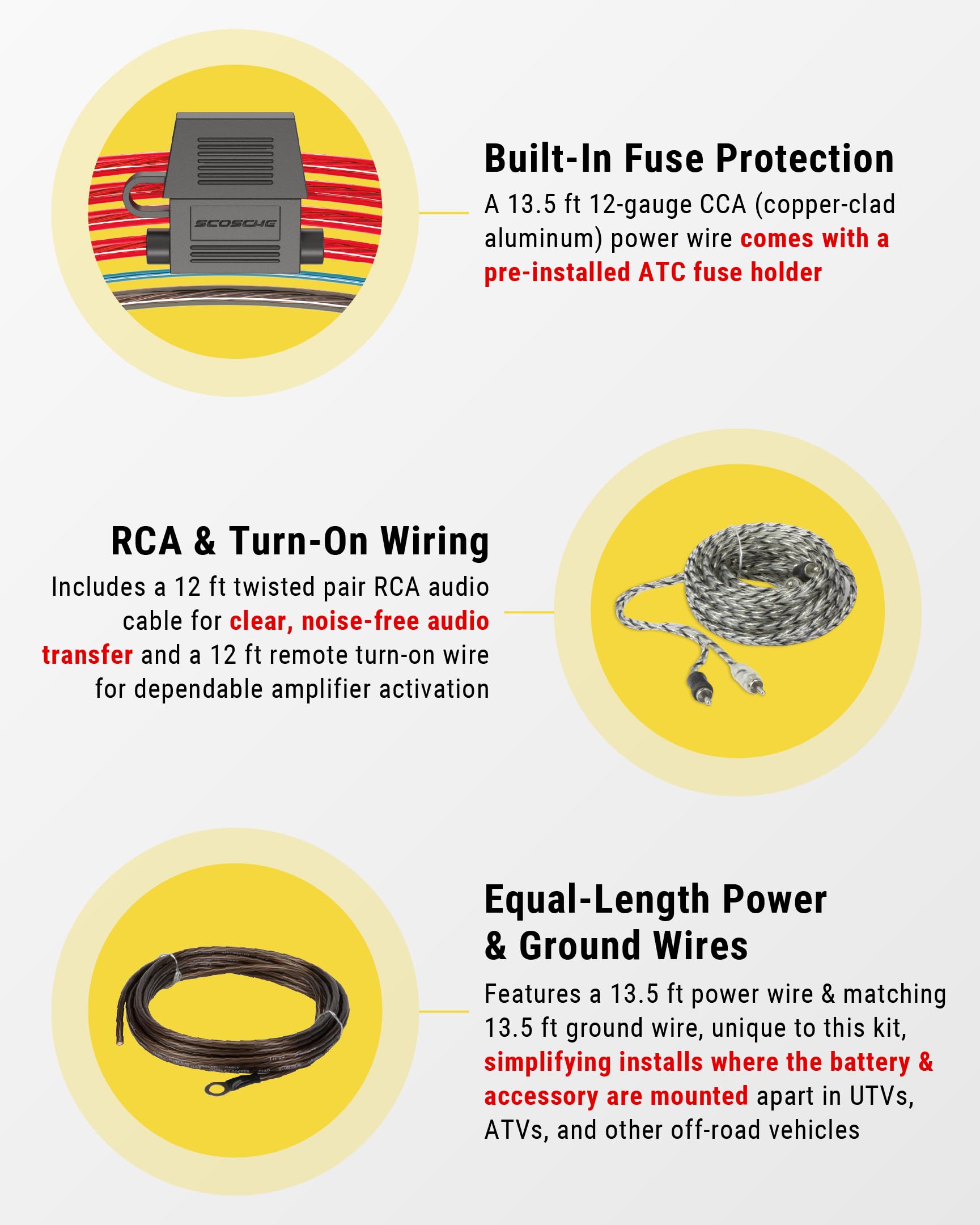 Scosche PSM12CCF 12 Gauge Power Sport Amp Wiring Kit, Complete Amplifier & Accessory Installation Kit for Car, UTV, ATV & Off-Road Vehicles w/Power & Ground Cables, RCA Cable, Fuse Holder & Terminals - Image 4