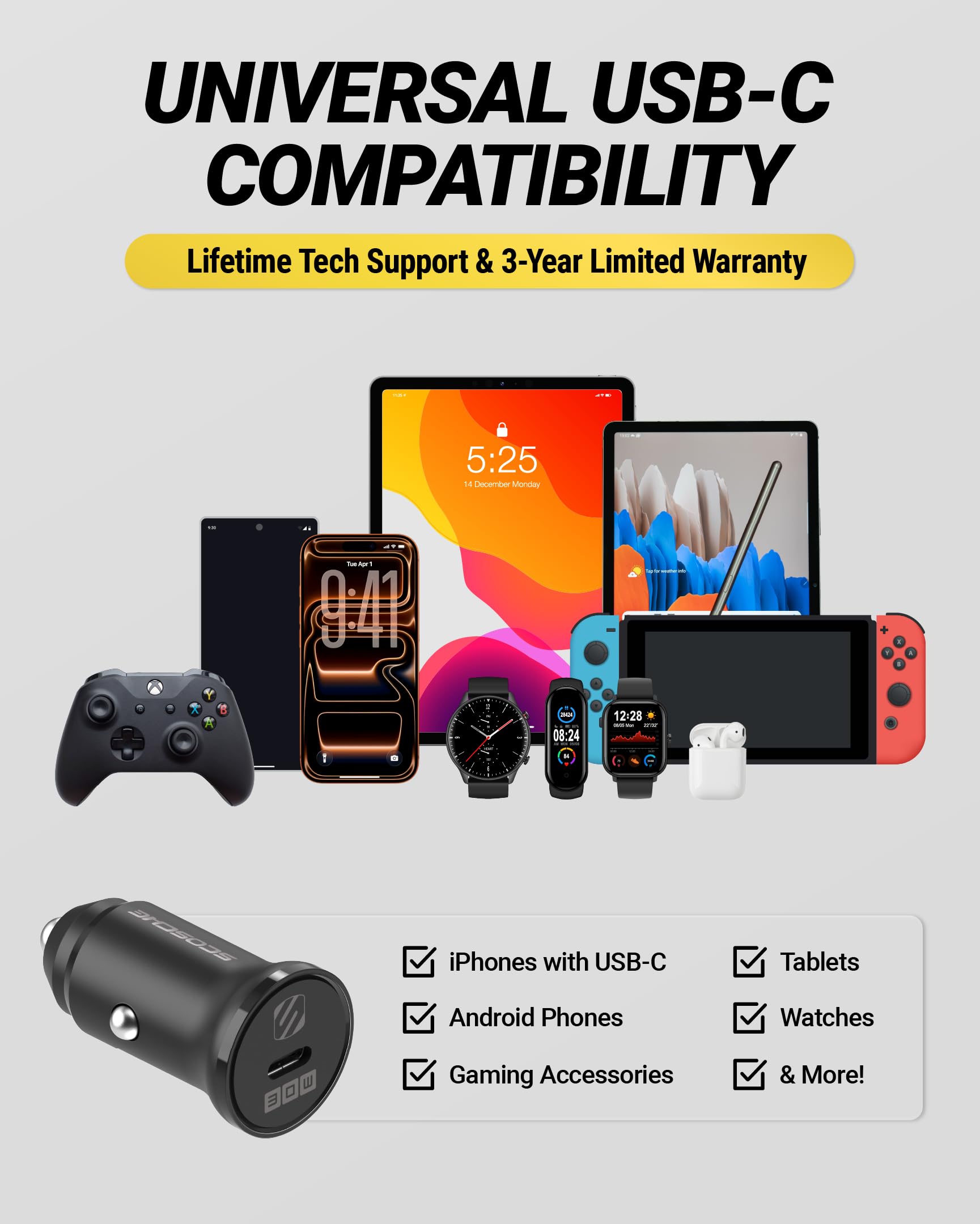 Scosche SCPDC30LC 30W USB-C Car Charger, Fast Charging 12V Cigarette Lighter Adapter with Power Delivery Compatible with iPhone, Samsung Galaxy, Pixel, iPad & More Android Phones, Tablets and Laptops - Image 6