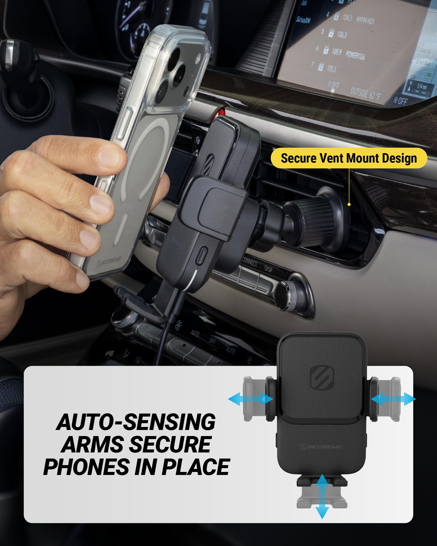 Scosche Wireless Car Charger, Auto Clamping Car Vent Phone Mount, Cell Phone Holder Charger with Twist-to-Secure Hook, 360° Rotation, Compatible with iPhone, Samsung, Qi-Enabled Android Phones - Image 3