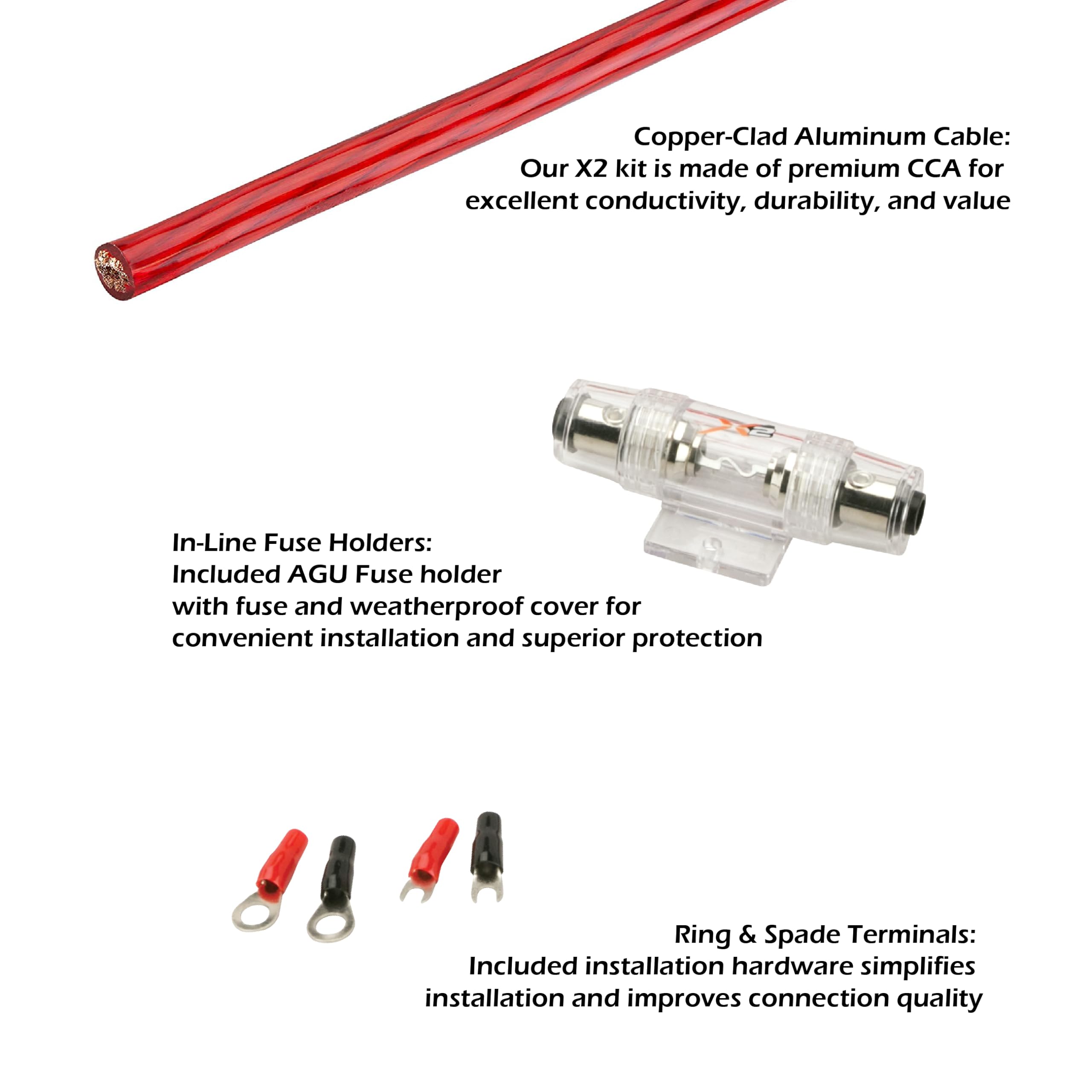Scosche X2AKA65 8 Gauge CCA High Current Amp/Subwoofer Wiring Kit - Complete Car Amplifier Installation Kit with RCA Audio Cables, Speaker Wire and In-Line Fuse Holder - Image 4